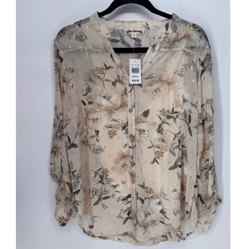 Hope Springs Blouse Womens Medium Beige NWT Floral Gold Foil Dot Chiffon Top